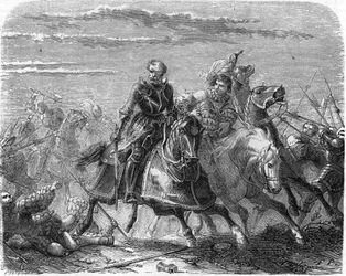 Robert van de Mark van Landsknechts, neemt het lichaam van zijn zoon weg van de Zwitsers. Gravure van de 19e eeuw