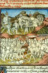 De dood van Roland. Karel de Grote stuurt zijn ridders naar de strijd; de ridder Roland wordt gedood in de Slag bij Roncevaux (778) - Miniatuur uit de Middeleeuwen (ref. 512)
