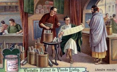 Romeinse boekverkoper. Chromolithografie, Liebig afbeelding.