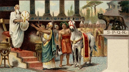 Romeins politiek systeem. De koning: Numa Pompilius, legendarische koning van Rome (-715, -672), vertrouwt het heilige schild toe aan de Saliaanse priesters. Chromolithografie uit de late 19e eeuw