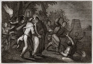 Royaumont Bijbel, Nieuwe Testament: Arrestatie van Jezus Christus of de Kus van Judas. De soldaten komen Christus arresteren in de Hof van Olijven. Sint Petrus hakt het oor van een van hen af. Illustratie uit 1811.