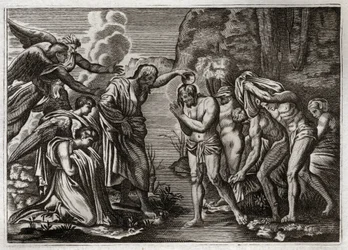Royaumont Bijbel, Nieuwe Testament: Doop van Jezus Christus. Johannes de Doper doopt Jezus Christus in de wateren van de Jordaan. Illustratie uit 1811.