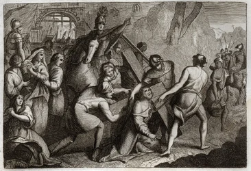 Royaumont Bijbel, Nieuwe Testament: Kruisdraging (Kruisweg). Jezus Christus draagt zijn kruis naar de berg Calvarie met hulp van Simon van Cyrene (de Cyreneeër). Illustratie uit 1811.
