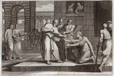 Bijbel van Royaumont, Nieuwe Testament: Cornelius doopt. Cornelius de centurio ontvangt het geloof van Jezus Christus, en wordt gedoopt door St. Petrus. Illustratie uit 1811.