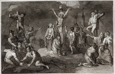Royaumont Bijbel, Nieuwe Testament: Kruisiging van Jezus Christus. De Maagd Maria, Sint Maria Magdalena en Sint Johannes aan de voet van het kruis, Sint Longinus de Centurion (Sint Longinus) met zijn speer, soldaten spelen om de tuniek van Christus. Aan de