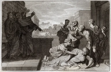Royaumont Bijbel, Nieuwe Testament: Dood van Ananias en zijn vrouw Saffira voor St. Petrus en St. Johannes. Illustratie uit 1811.