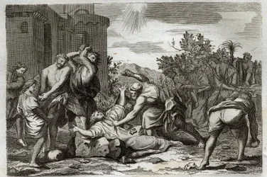 Royaumont Bijbel, Nieuwe Testament: Dood van St. Stefanus, eerste christelijke martelaar, door steniging. Illustratie uit 1811.