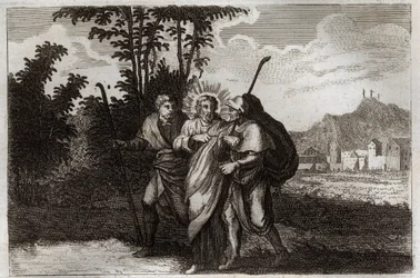 Royaumont Bijbel, Nieuwe Testament: Discipelen van Emmaüs. De twee discipelen van Emmaüs ontmoeten de verrezen Christus. Illustratie uit 1811.
