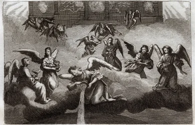 Royaumont Bijbel, Nieuwe Testament: Draak van de Openbaring. Zeven engelen gieten de inhoud van hun beker, symbool van Gods toorn, op aarde. Illustratie uit 1811.