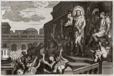 Royaumont Bijbel, Nieuwe Testament: Ecce homo. Pontius Pilatus (Pontius Pilatus) presenteert Jezus Christus met doornen aan de menigte en zegt: "Zie de Mens". Illustratie uit 1811.
