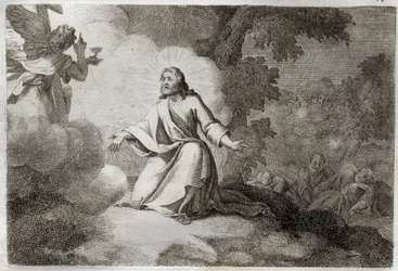 Royaumont Bijbel, Nieuwe Testament: Jezus Christus in de tuin (gebed op de Olijfberg). Een engel met een kelk verschijnt aan Jezus. De apostelen St. Petrus, St. Johannes en St. Jacobus slapen. Illustratie uit 1811.