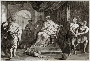 Royaumont Bijbel, Nieuwe Testament: Gelijkenis van de talenten. Een meester straft een van zijn dienaren die het geld dat hij hem gaf, verborg. Illustratie uit 1811.