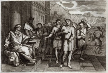Royaumont Bijbel, Nieuwe Testament: Gelijkenis van de wijnbouwers of gelijkenis van de arbeiders van het elfde uur. Arbeiders die de vader van de familie naar zijn wijngaard stuurt. Illustratie uit 1811.