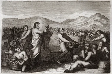 Bijbel van Royaumont, Nieuwe Testament: Vermenigvuldiging van de broden. Jezus Christus vermenigvuldigt vijf broden en voedt vijfduizend mannen. Illustratie uit 1811