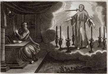 Royaumont Bijbel, Nieuwe Testament: Openbaringen van Sint Jan in de Openbaring. Jezus Christus verschijnt aan Sint Jan tussen zeven gouden kandelaars, met zeven sterren in zijn rechterhand en een zwaard dat uit zijn mond komt. Illustratie uit 1811.