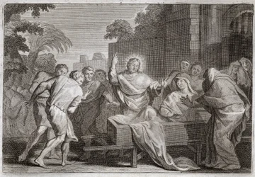 Royaumont Bijbel, Nieuwe Testament: Zoon van de weduwe van Nain. Jezus Christus wekt de zoon van een weduwe uit de stad Nain op. Illustratie uit 1811.