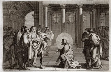 Royaumont Bijbel, Nieuwe Testament: De overspelige vrouw. Jezus Christus ontwijkt goddelijk de valstrikken die de Joden voor hem hadden gelegd, door hem te vragen wat er met een vrouw die op overspel betrapt was, moest gebeuren, zeggende: 