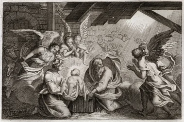 Royaumont Bijbel, Nieuwe Testament: De Geboorte. Jezus Christus werd geboren uit de Heilige Maagd Maria in een stal in Bethlehem. Illustratie uit 1811.