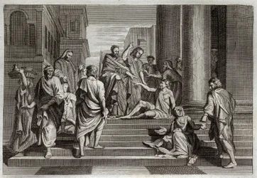 Royaumont Bijbel, Nieuwe Testament: Genezing van de lamme. Sint Petrus, vergezeld door Sint Johannes, geneest op wonderbaarlijke wijze een lamme man in Jeruzalem. Illustratie uit 1811.