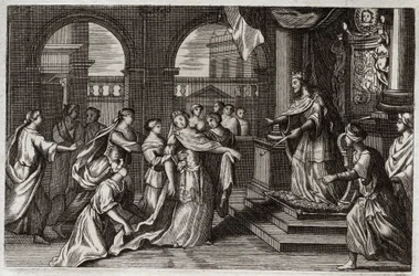 Royaumont Bijbel, Oude Testament: Esther presenteert zich voor koning Xerxes I (Ahasveros I), met de bedoeling haar volk te redden van de dood die hen bedreigde. Illustratie uit 1811.