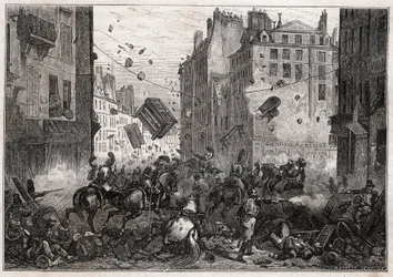 Rue Saint-Antoine tijdens de Trois-Glorieuses (juli 1830) - Revolutie van 1830 Barricadegevechten op Rue Saint-Antoine in 1830