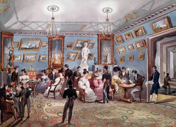 Russische samenleving: een sociale beurs in Sint-Petersburg. Lithografie rond 1830. Sint-Petersburg, Hermitage Bibliotheek