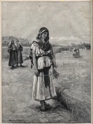 Ruth werkend in het veld van Boaz (Booz) (Ruth en Boaz) - gravure naar het schilderij van Druch-hajos