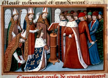 Zalving van koning Karel VII (1422-1461) door de aartsbisschop van Reims op 17/07/1429. Miniatuur uit ‘Vigilles van koning Karel VII’ van Martial d