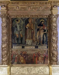 Altaar van Sint Clair of Sint Roch: St. Roch en de Knop van de Pest en Sint Joris in de mode van Hendrik III - Kerk van Onze-Lieve-Vrouw van de Tenhemelopneming van Rognes