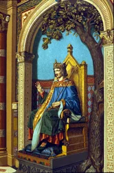 Saint Louis of Lodewijk IX (1214 - 1270) die recht spreekt (chromolithografie)
