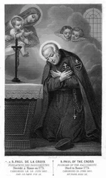 Sint Paulus van het Kruis, oprichter van de Passionisten teleurgesteld in Rome in 1775, heilig verklaard op 29 juni 1867 door paus Pius IX. Gravure uit de 19e eeuw.