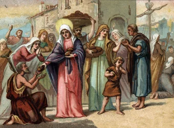 Sainte Genevieve (422-502), beschermheilige van Parijs tijdens de hongersnood. Chromolithografie rond 1890