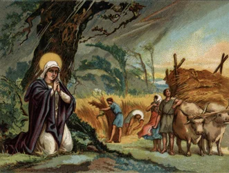 Sint-Genevieve (422-502), patroonheilige van Parijs beschermt de oogsten tegen de storm in Meaux. Chromolithografie rond 1890.