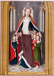 Sint Ursula herbergt haar metgezellen onder haar mantel, naar de jacht van Sint Ursula, Brugge, Memling