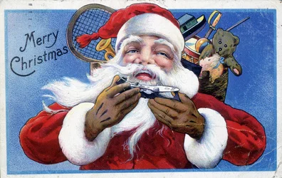 Kerstman en zijn speelgoedkap - Amerikaanse ansichtkaart, eind 19e eeuw