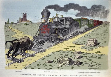 Satirische allegorische vignette: de stier symbool van het kapitalisme probeert de trein van arbeidsreform te stoppen. Elke wagon is ontworpen voor een land: Duitsland, Frankrijk, Engeland, Italië 1897