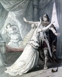 Scène uit Cola Rienzi, de laatste der Tribunen, opera door Richard Wagner die de held Rienzi met Irene in het Capitoolpaleis voorstelt. 1842. Gravure