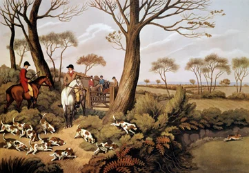 Jachtscène met hazen in Engeland. 19e-eeuwse lithografie Gien, jachtmuseum
