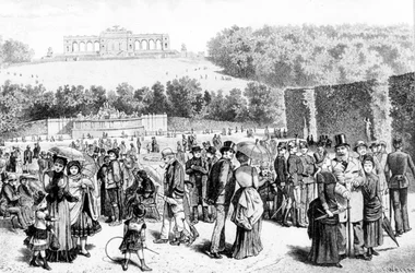 Schönbrunn Park, een complex van paleizen en tuinen gelegen niet ver van Wenen, was sinds de 18e eeuw de zomerresidentie van de Habsburgse familie. Lithografie uit de 19e eeuw.