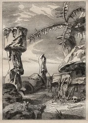 Tweede reis (1772-1775) door Kapitein James Cook (1728-1779): monumenten van Paaseiland (monumentale beelden, moai) - illustratie uit 