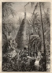 Tweede reis (1772-1775) door kapitein James Cook (1728-1779): traditionele ronde huis, op het dak van een aanzienlijke hoogte (Nieuw-Caledonië) - illustratie uit 