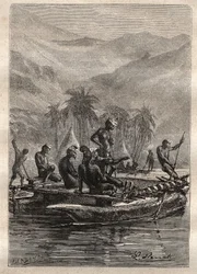 Tweede reis (1772-1775) van Kapitein James Cook (1728-1779): de inboorlingen hadden genoeg vertrouwen om te naderen en te ruilen (Nieuw-Caledonië) - illustratie uit 