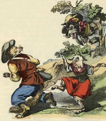 De wolf ziende, vluchtte Meester Vos, waardoor Kleine Chevrette in gevaar bleef. Illustratie van het sprookje "Bon medor en Kleine Chevrette". In "Verhalen uit het huis voor de kleintjes". Anonieme gravure uit de 19e eeuw.