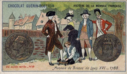 Serie Histoire de la Monnaie Française uitgegeven door Chocolat Guérin Boutron. Chromolithografie 19e eeuw. Bronzen munt van Lodewijk XVI in 1788