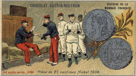 Serie Histoire de la Monnaie Française uitgegeven door Chocolat Guérin Boutron. Chromolithografie 19e eeuw. 25 cent munt. Nikkel 1904
