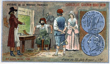 Serie Histoire de la Monnaie Française uitgegeven door Chocolat Guérin Boutron. Chromolithografie 19e eeuw. munten van 15 zilveren sols in 1791