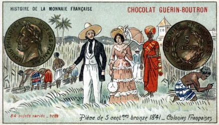 Serie Histoire de la Monnaie Française uitgegeven door Chocolat Guérin Boutron. Chromolithografie 19e eeuw. 5 cent bronzen munt in 1841. Franse koloniën