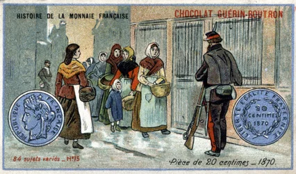 Serie Histoire de la Monnaie Française uitgegeven door Chocolat Guérin Boutron. 20 centiem munt in 1870