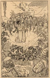 Zij blijft in het midden van de vlammen... Sint Rosa van Viterbo (Rosa da Viterbo) (1233-1252). Gravure uit het einde van de 19e eeuw. Privécollectie.