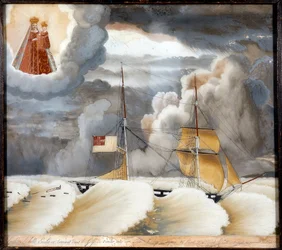 Schip "La belle Emilie" in moeilijkheden - schilderij op hout, ex voto van de Notre Dame de Laghet, 44x37 cm